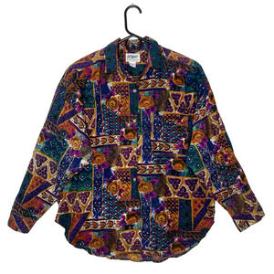 Vintage At Last Womens M Blouse 80s Folk Print‎ Eclectic Colorful AOP Bohemian